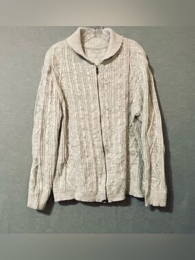 Men's Cream Cable-Knit Zip Front Sweater beige and gray Sz L